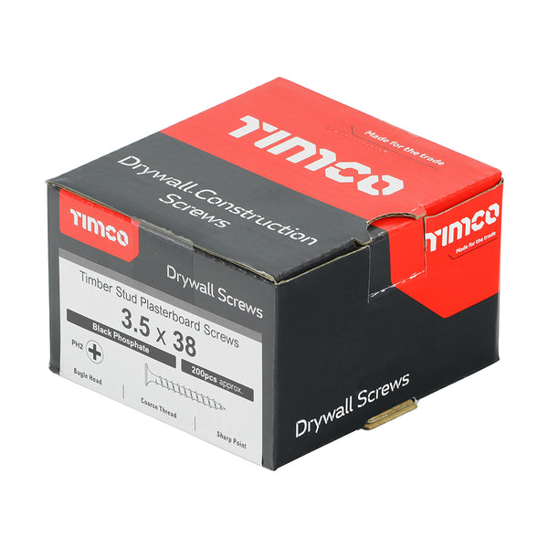 Timco Drywall Timber Stud Plasterboard Screws - PH - Bugle - Coarse Thread - Black 3.5 x 38 - 200 Pieces