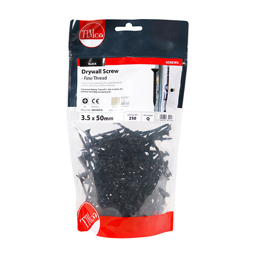 Timco Drywall Screws - Fine Thread - PH - Bugle - Black 3.5 x 50 - 250 Pieces