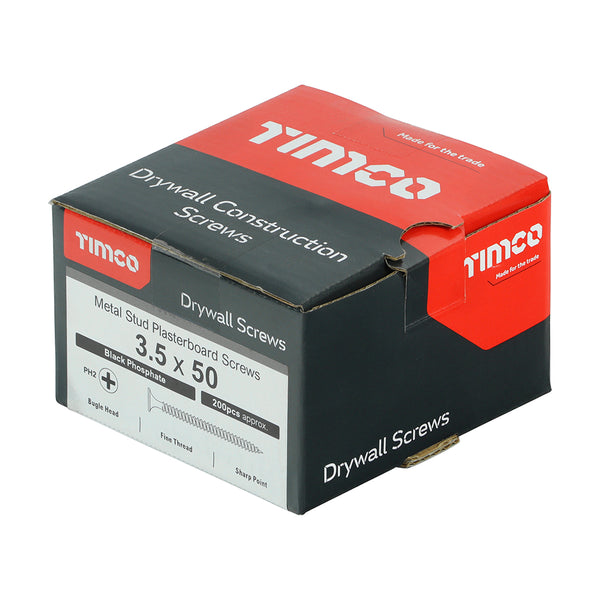 Timco Drywall Metal Stud Plasterboard Screws - PH - Bugle - Fine Thread - Black 3.5 x 50 - 200 Pieces