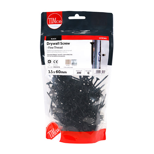 Timco Drywall Screws - Fine Thread - PH - Bugle - Black 3.5 x 60 - 200 Pieces