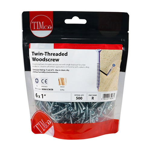 Timco Twin-Thread Woodscrews - PZ - Double Countersunk - Zinc 6 x 1 - 500 Pieces