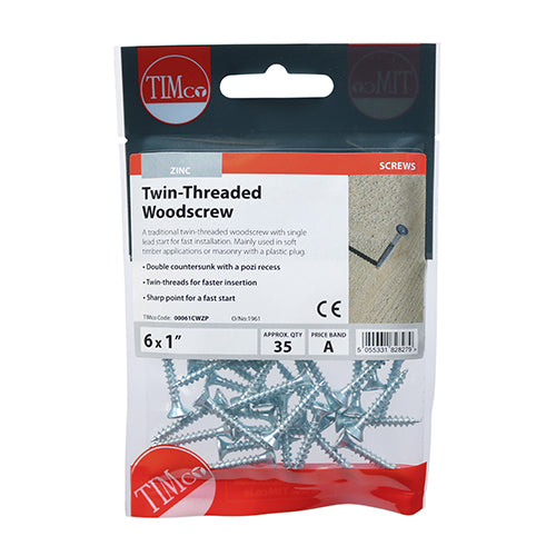 Timco Twin-Thread Woodscrews - PZ - Double Countersunk - Zinc 6 x 1 - 35 Pieces