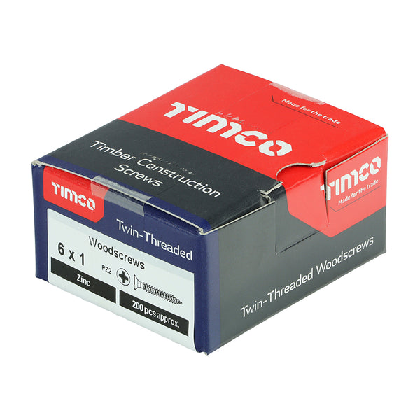 Timco Twin-Threaded Woodscrews - PZ - Double Countersunk - Zinc 6 x 1 - 200 Pieces