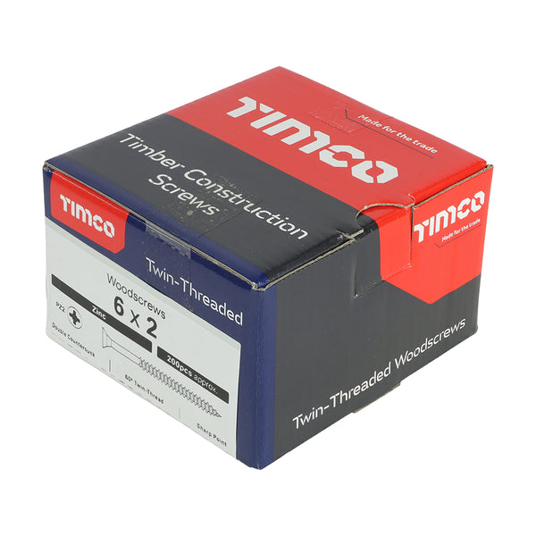 Timco Twin-Threaded Woodscrews - PZ - Double Countersunk - Zinc 6 x 2 - 200 Pieces
