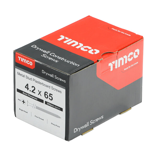 Timco Drywall Metal Stud Plasterboard Screws - PH - Bugle - Fine Thread - Black 4.2 x 65 - 200 Pieces