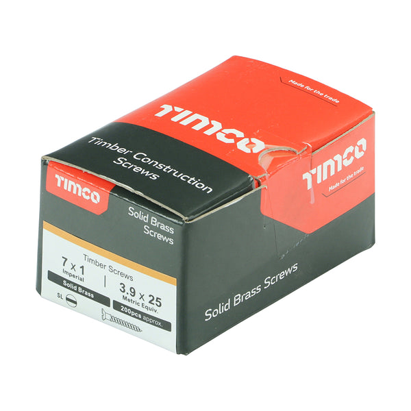 Timco Solid Brass Timber Screws - SLOT - Countersunk 7 x 1 - 200 Pieces