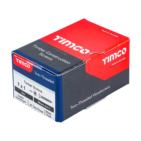 Timco Twin-Threaded Woodscrews - PZ - Double Countersunk - Zinc 7 x 1 - 200 Pieces