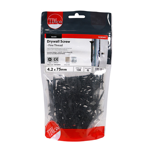 Timco Drywall Screws - Fine Thread - PH - Bugle - Black 4.2 x 75 - 130 Pieces
