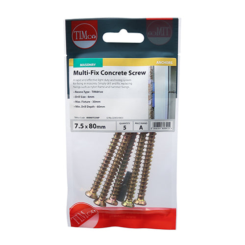 Timco Concrete Screws - TX - Flat Countersunk - Yellow 7.5 x 80 - 5 Pieces