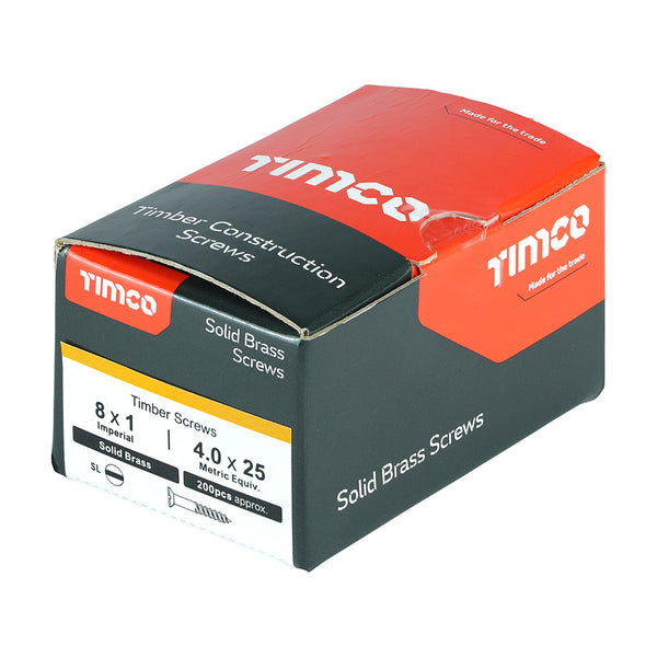 Timco Solid Brass Timber Screws - SLOT - Countersunk 8 x 1 - 200 Pieces