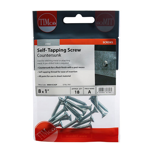 Timco Self-Tapping Screws - PZ - Countersunk - Zinc 8 x 1 - 18 Pieces