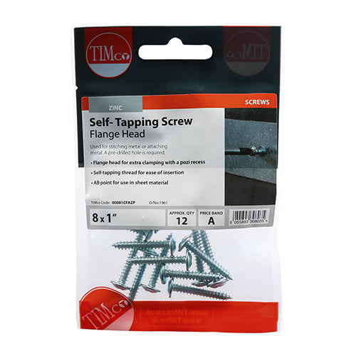 Timco Self-Tapping Screws - PZ - Flange Head - Zinc 8 x 1 - 12 Pieces