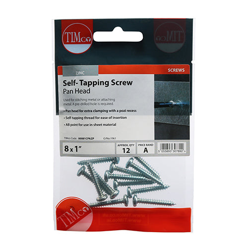 Timco Self-Tapping Screws - PZ - Pan - Zinc 8 x 1 - 12 Pieces