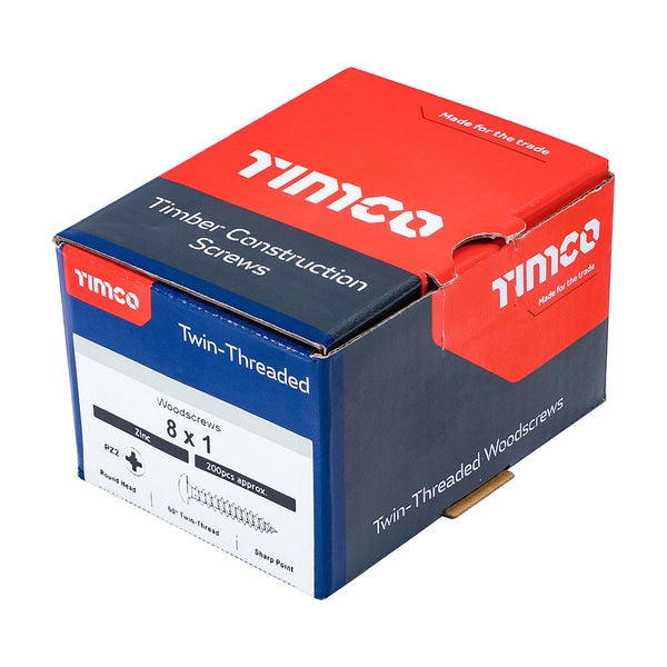 Timco Twin-Threaded Woodscrews - PZ - Round - Zinc 8 x 1 - 200 Pieces