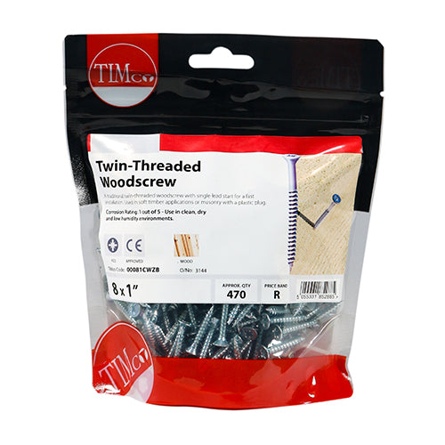 Timco Twin-Thread Woodscrews - PZ - Double Countersunk - Zinc 8 x 1 - 470 Pieces