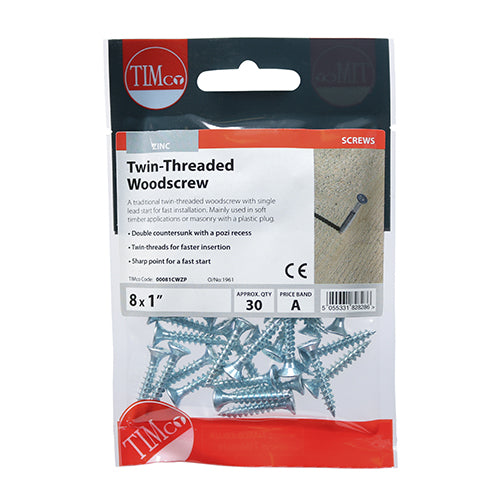Timco Twin-Thread Woodscrews - PZ - Double Countersunk - Zinc 8 x 1 - 30 Pieces