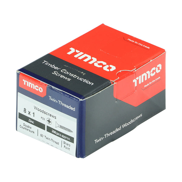 Timco Twin-Threaded Woodscrews - PZ - Double Countersunk - Zinc 8 x 1 - 200 Pieces