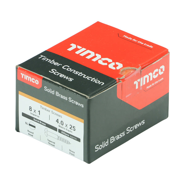 Timco Solid Brass Timber Screws - SLOT - Round 8 x 1 - 200 Pieces