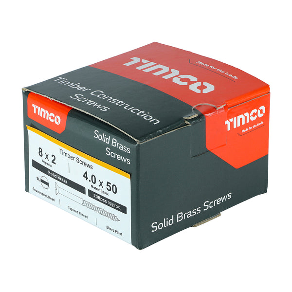 Timco Solid Brass Timber Screws - SLOT - Countersunk 8 x 2 - 200 Pieces