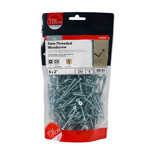 Timco Twin-Thread Woodscrews - PZ - Double Countersunk - Zinc 8 x 2 - 270 Pieces