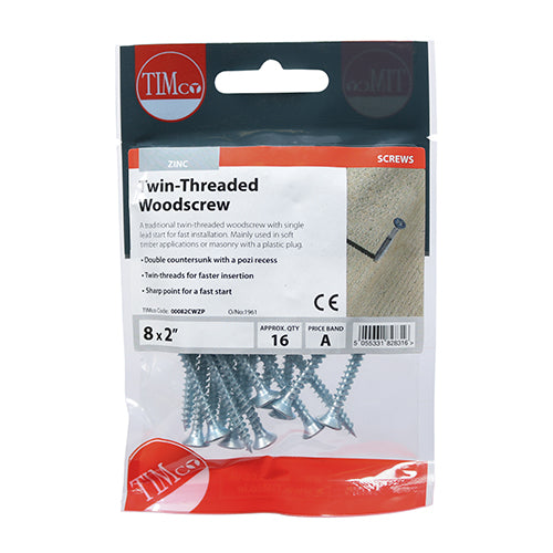 Timco Twin-Thread Woodscrews - PZ - Double Countersunk - Zinc 8 x 2 - 16 Pieces