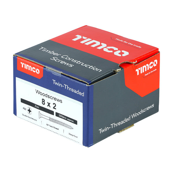 Timco Twin-Threaded Woodscrews - PZ - Double Countersunk - Zinc 8 x 2 - 200 Pieces