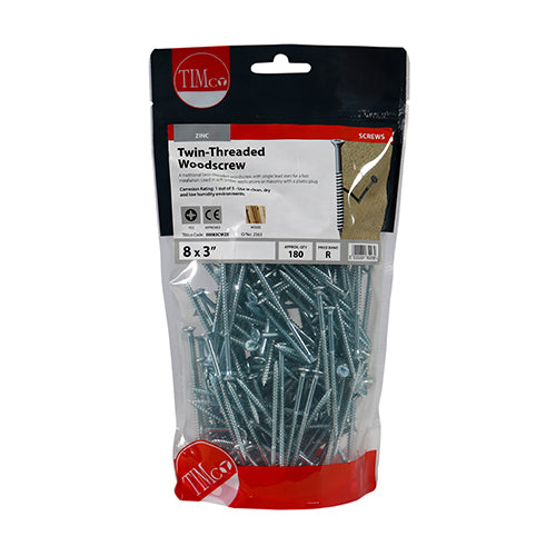 Timco Twin-Thread Woodscrews - PZ - Double Countersunk - Zinc 8 x 3 - 180 Pieces