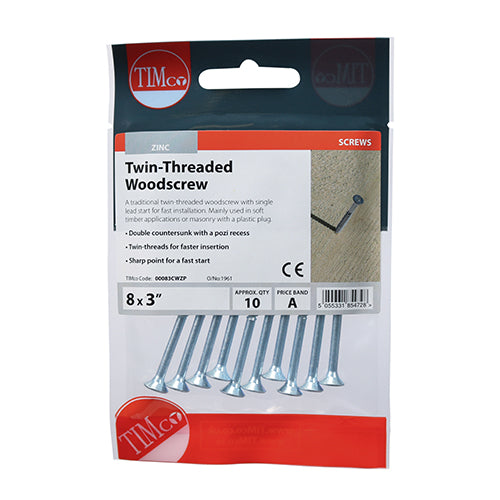 Timco Twin-Thread Woodscrews - PZ - Double Countersunk - Zinc 8 x 3 - 10 Pieces