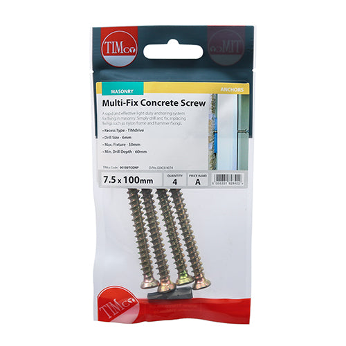 Timco Concrete Screws - TX - Flat Countersunk - Yellow 7.5 x 100 - 4 Pieces