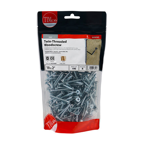 Timco Twin-Thread Woodscrews - PZ - Double Countersunk - Zinc 10 x 2 - 190 Pieces