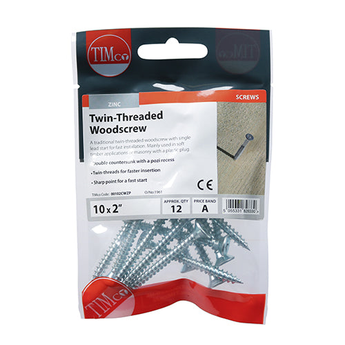 Timco Twin-Thread Woodscrews - PZ - Double Countersunk - Zinc 10 x 2 - 12 Pieces