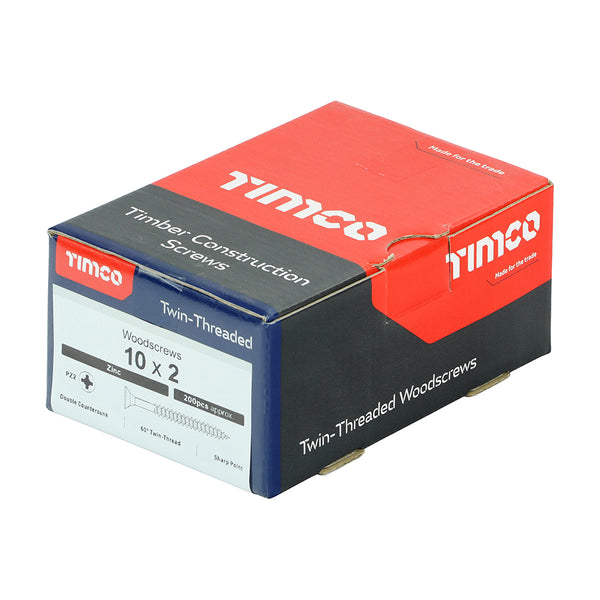 Timco Twin-Threaded Woodscrews - PZ - Double Countersunk - Zinc 10 x 2 - 200 Pieces