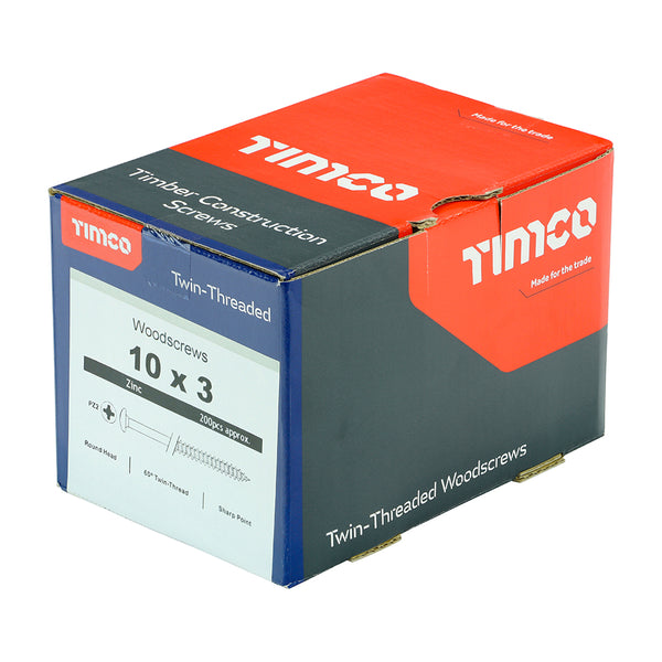 Timco Twin-Threaded Woodscrews - PZ - Round - Zinc 10 x 3 - 200 Pieces