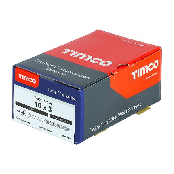 Timco Twin-Threaded Woodscrews - PZ - Double Countersunk - Zinc 10 x 3 - 100 Pieces