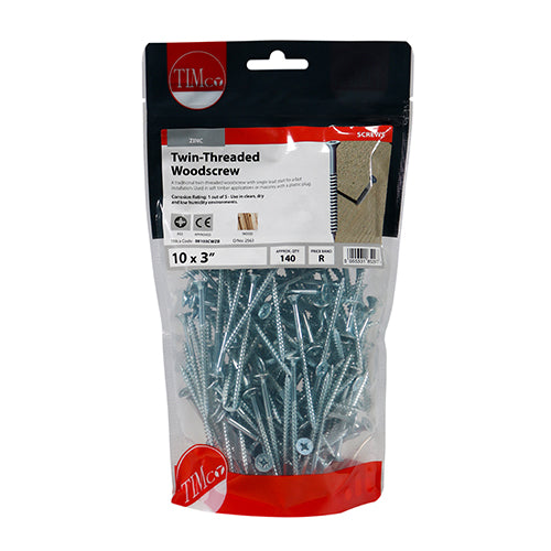 Timco Twin-Thread Woodscrews - PZ - Double Countersunk - Zinc 10 x 3 - 140 Pieces