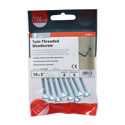 Timco Twin-Thread Woodscrews - PZ - Double Countersunk - Zinc 10 x 3 - 8 Pieces