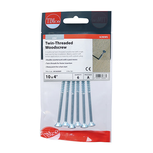 Timco Twin-Thread Woodscrews - PZ - Double Countersunk - Zinc 10 x 4 - 6 Pieces
