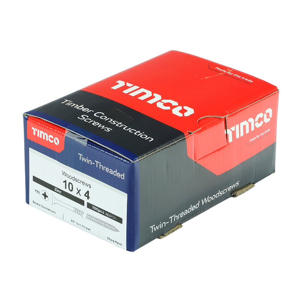 Timco Twin-Threaded Woodscrews - PZ - Double Countersunk - Zinc 10 x 4 - 100 Pieces