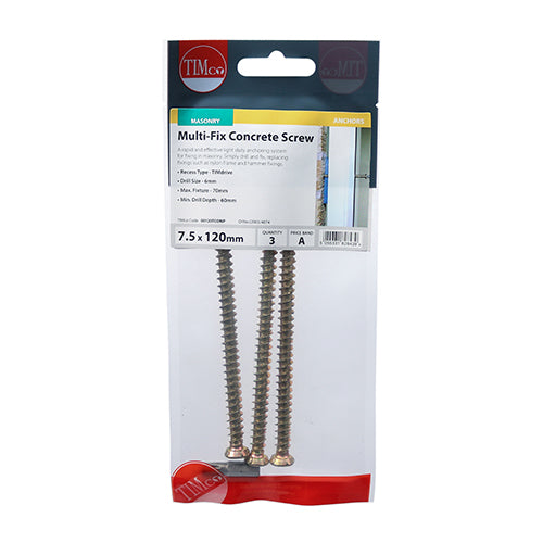 Timco Concrete Screws - TX - Flat Countersunk - Yellow 7.5 x 120 - 3 Pieces