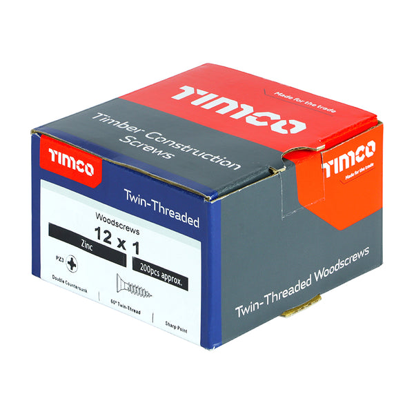 Timco Twin-Threaded Woodscrews - PZ - Double Countersunk - Zinc 12 x 1 - 200 Pieces