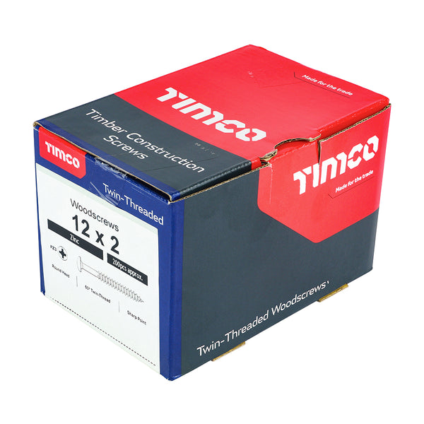 Timco Twin-Threaded Woodscrews - PZ - Round - Zinc 12 x 2 - 200 Pieces