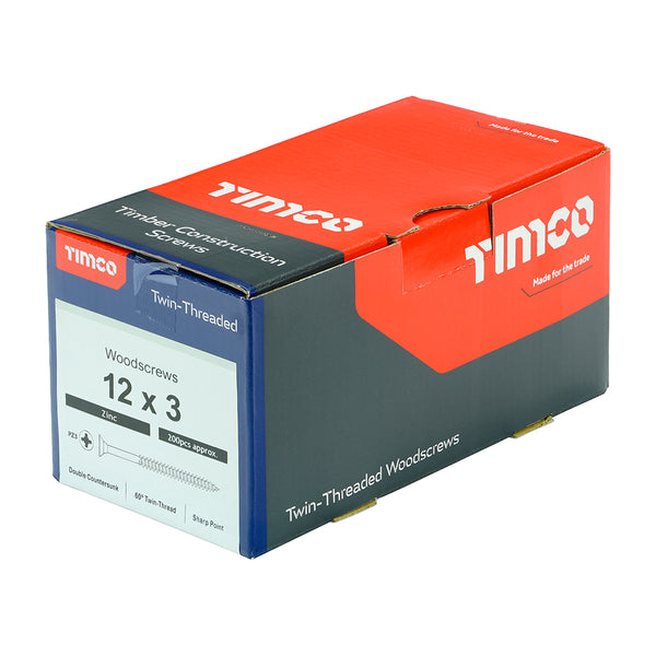 Timco Twin-Threaded Woodscrews - PZ - Double Countersunk - Zinc 12 x 3 - 200 Pieces