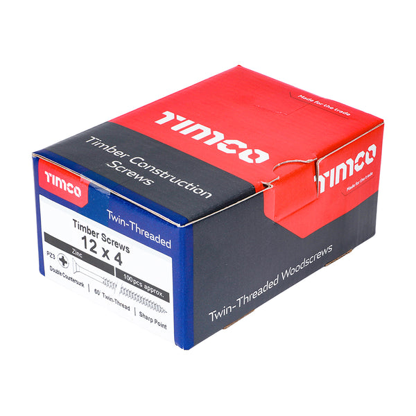 Timco Twin-Threaded Woodscrews - PZ - Double Countersunk - Zinc 12 x 4 - 100 Pieces