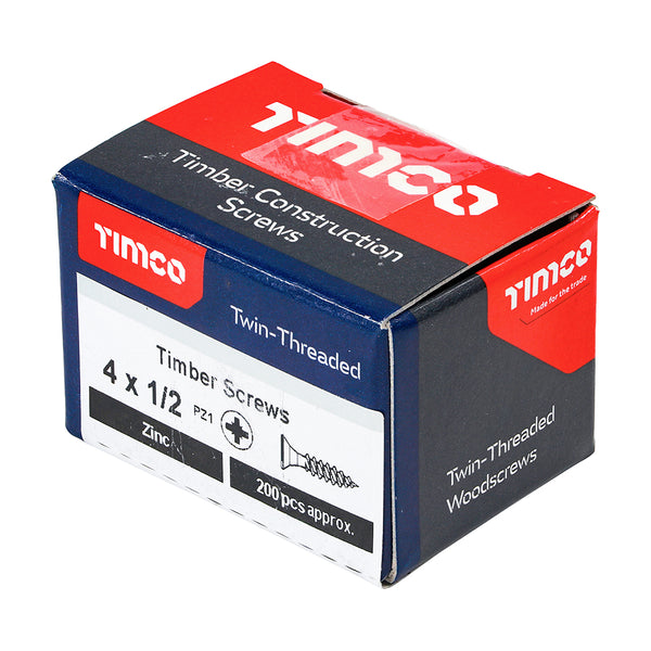 Timco Twin-Threaded Woodscrews - PZ - Double Countersunk - Zinc 4 x 1/2 - 200 Pieces