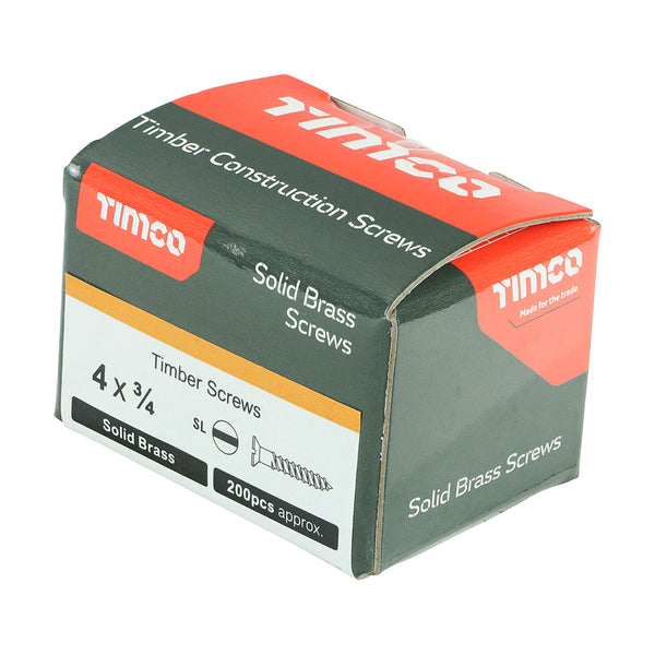 Timco Solid Brass Timber Screws - SLOT - Countersunk 4 x 3/4 - 200 Pieces