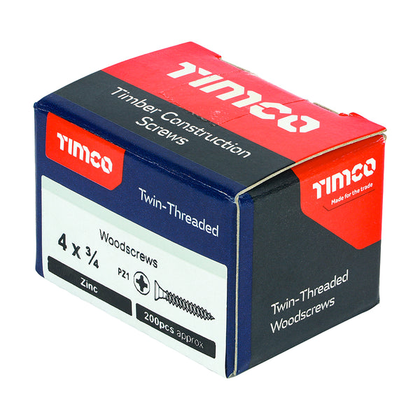 Timco Twin-Threaded Woodscrews - PZ - Double Countersunk - Zinc 4 x 3/4 - 200 Pieces