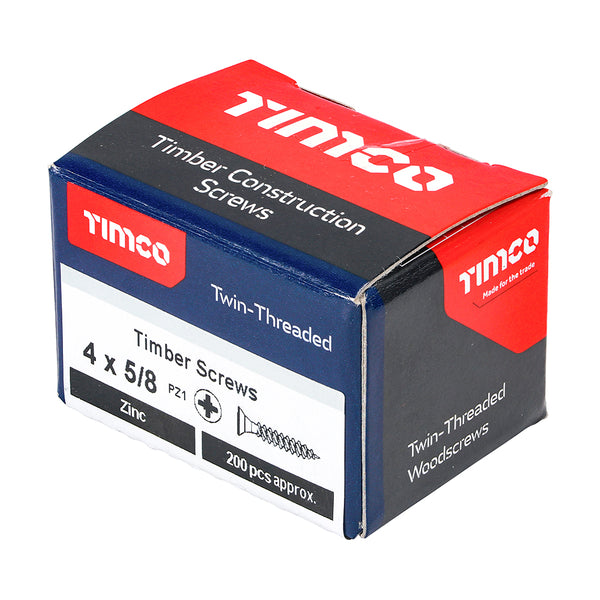 Timco Twin-Threaded Woodscrews - PZ - Double Countersunk - Zinc 4 x 5/8 - 200 Pieces