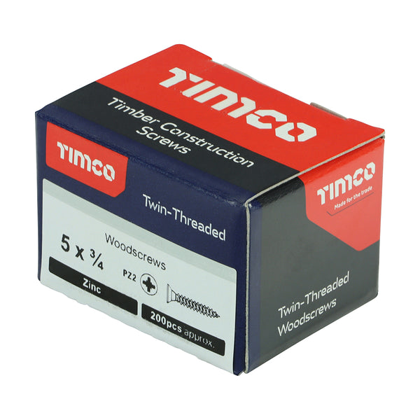 Timco Twin-Threaded Woodscrews - PZ - Double Countersunk - Zinc 5 x 3/4 - 200 Pieces