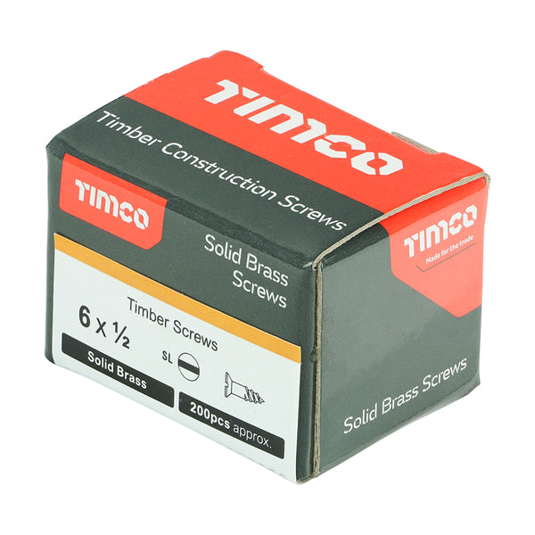 Timco Solid Brass Timber Screws - SLOT - Countersunk 6 x 1/2 - 200 Pieces