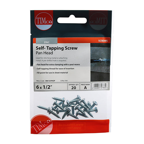 Timco Self-Tapping Screws - PZ - Pan - Zinc 6 x 1/2 - 20 Pieces